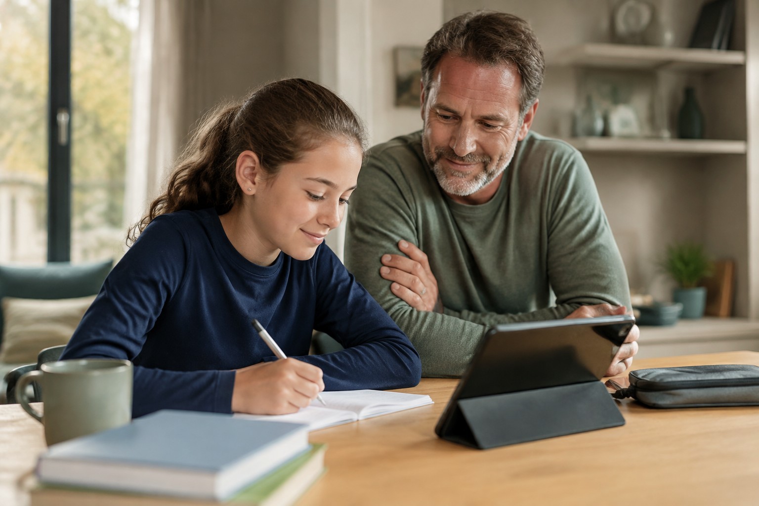 Schülerin übt am Tisch mit Tablet und ihrem Vater.